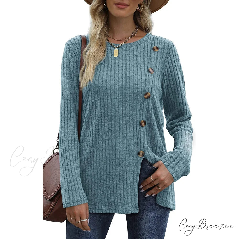 Arm Crew for Top with Neck Buttons Side Long Tunic Women Blue / S