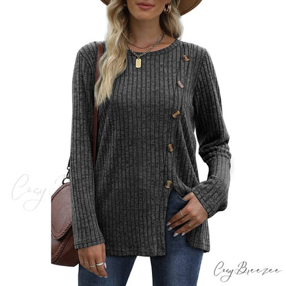 Arm Crew for Top with Neck Buttons Side Long Tunic Women Dark Gray / S
