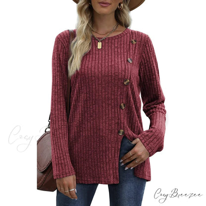 Arm Crew for Top with Neck Buttons Side Long Tunic Women Red / S