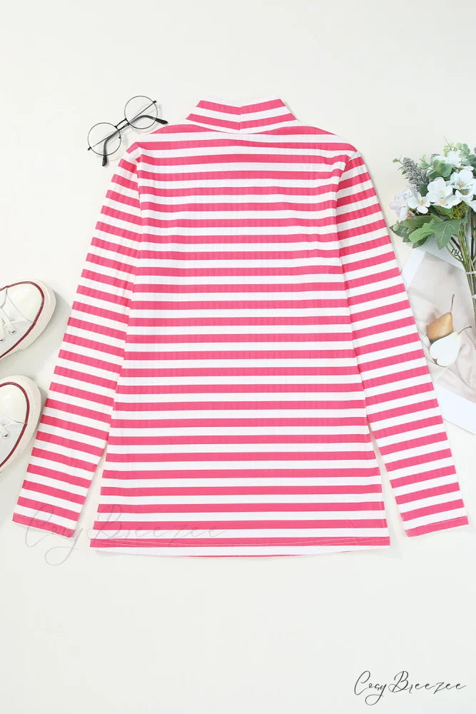 Arm Design Long Textured Pink Knit Striped Tee