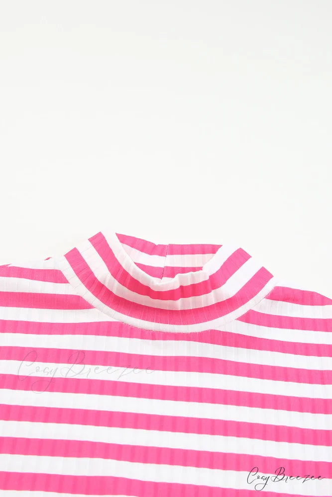 Arm Design Long Textured Pink Knit Striped Tee