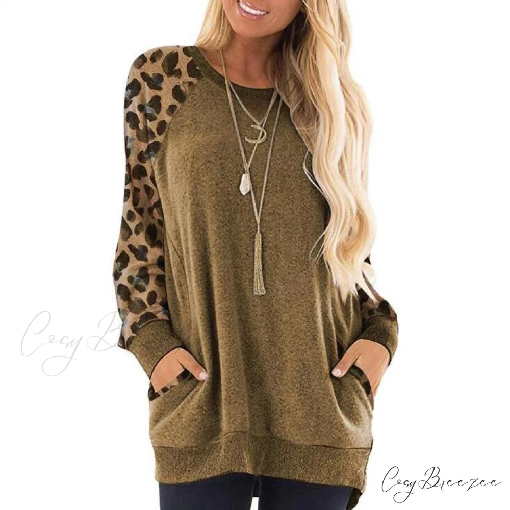 Arm Edition Long Sweatshirt Pullover Leopard Women’s with Soft Haute Print Khaki / S