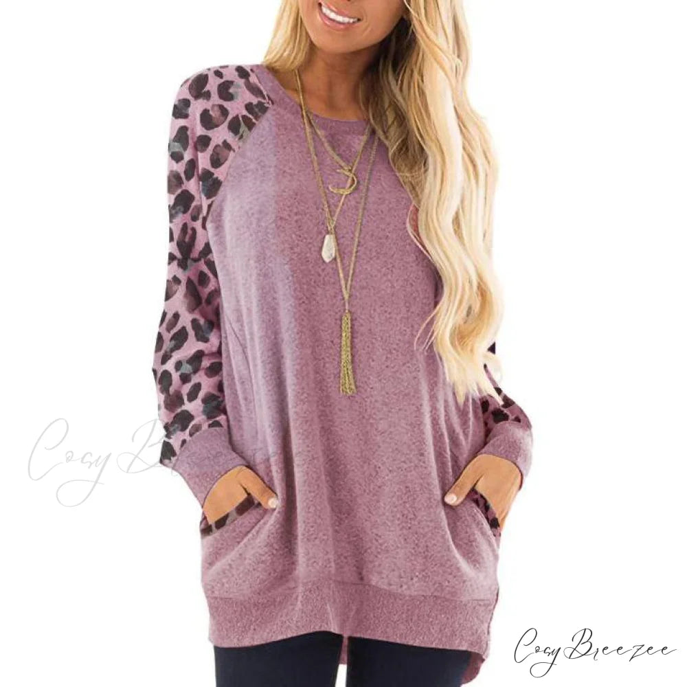 Arm Edition Long Sweatshirt Pullover Leopard Women’s with Soft Haute Print Pink / S