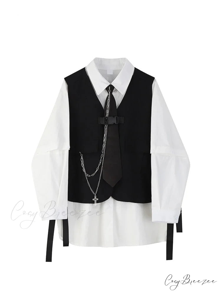 Arm Fashion Women’s Long Vest with Set Style Two-Piece Streetwear Loose and Tooling Shirt