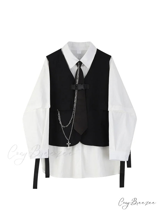 Arm Fashion Women’s Long Vest with Set Style Two-Piece Streetwear Loose and Tooling Shirt