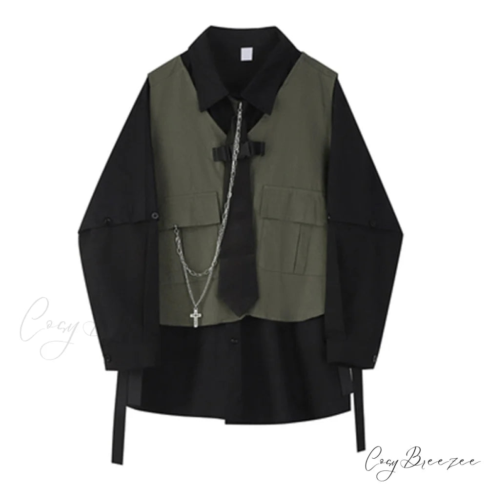 Arm Fashion Women’s Long Vest with Set Style Two-Piece Streetwear Loose and Tooling Shirt Black / One Size