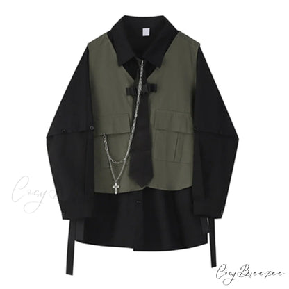 Arm Fashion Women’s Long Vest with Set Style Two-Piece Streetwear Loose and Tooling Shirt Black / One Size