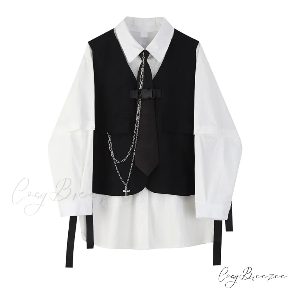 Arm Fashion Women’s Long Vest with Set Style Two-Piece Streetwear Loose and Tooling Shirt Grey / One Size