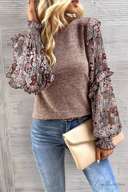 Arm Flowered Blouse Tiered Neck Pale Ruffle Crew in Chestnut Pale Chestnut / L / 65% Polyester + 30% Viscose + 5%
