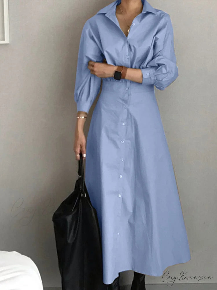 Arm Full-Length Vestidos Casual Female Robe Lapel Gown A Line Blouse Fashion Long Solid Oversized Blue / S