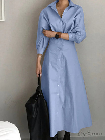 Arm Full-Length Vestidos Casual Female Robe Lapel Gown A Line Blouse Fashion Long Solid Oversized Blue / S