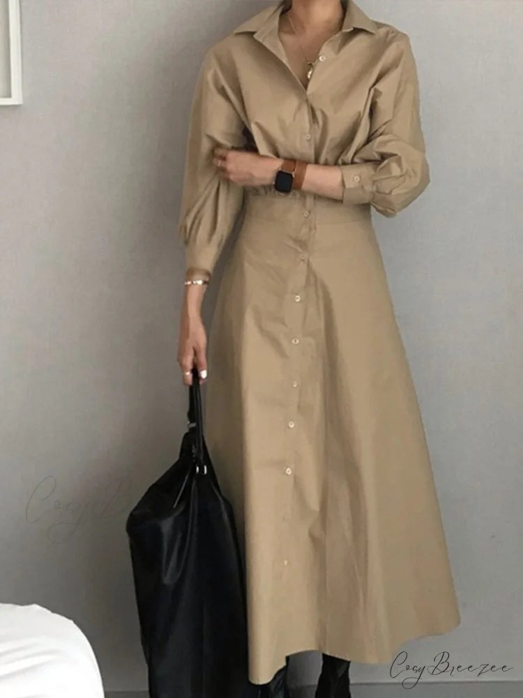 Arm Full-Length Vestidos Casual Female Robe Lapel Gown A Line Blouse Fashion Long Solid Oversized Khaki / S