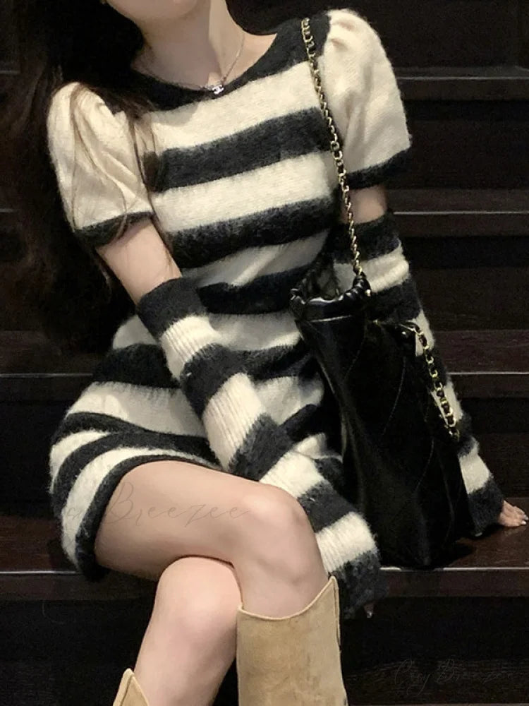 Arm Gloves Hollow Out Modern Star Crochet Knit Mini Dress Black / M