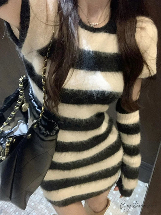 Arm Gloves Hollow Out Modern Star Crochet Knit Mini Dress Black / M
