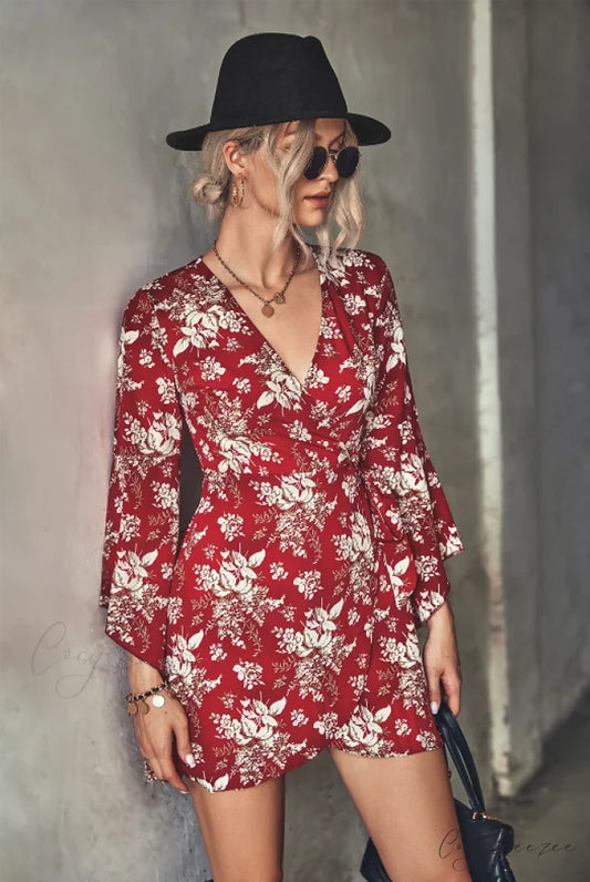 Arm Gown with Irregular Flared Flowered Design S / red