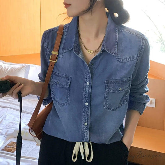 Arm Korean Oversized Women’s Long Blouse Vintage 2024 Casual Spring - Top Blue / S