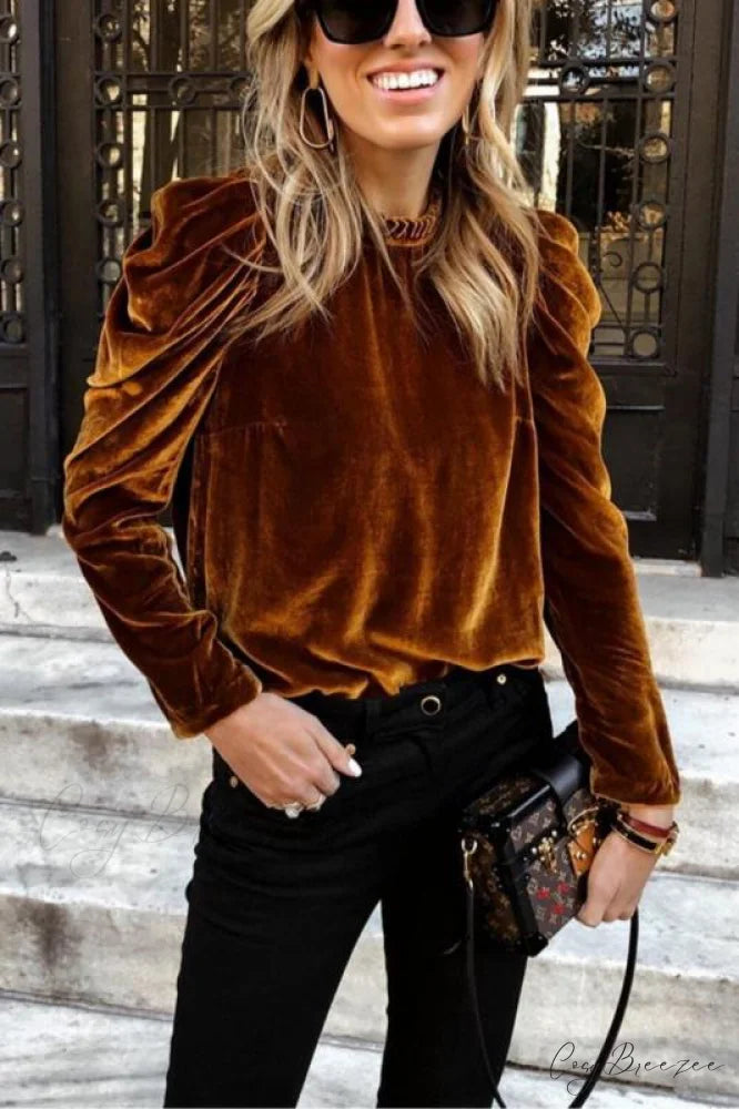 Arm Long Top Velvet Puff for Women Brown / S