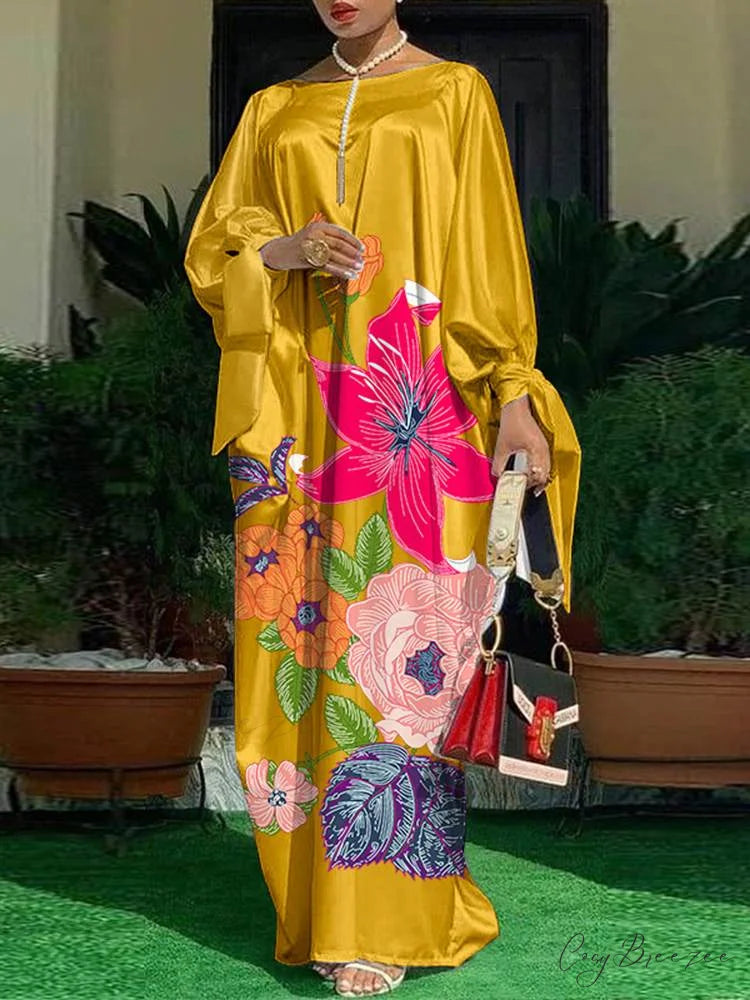 Arm Loose Sundress Party Full-Length Long Vintage Warm-Season Satin Casual Coastal Bohemian BerryBetty Flowered