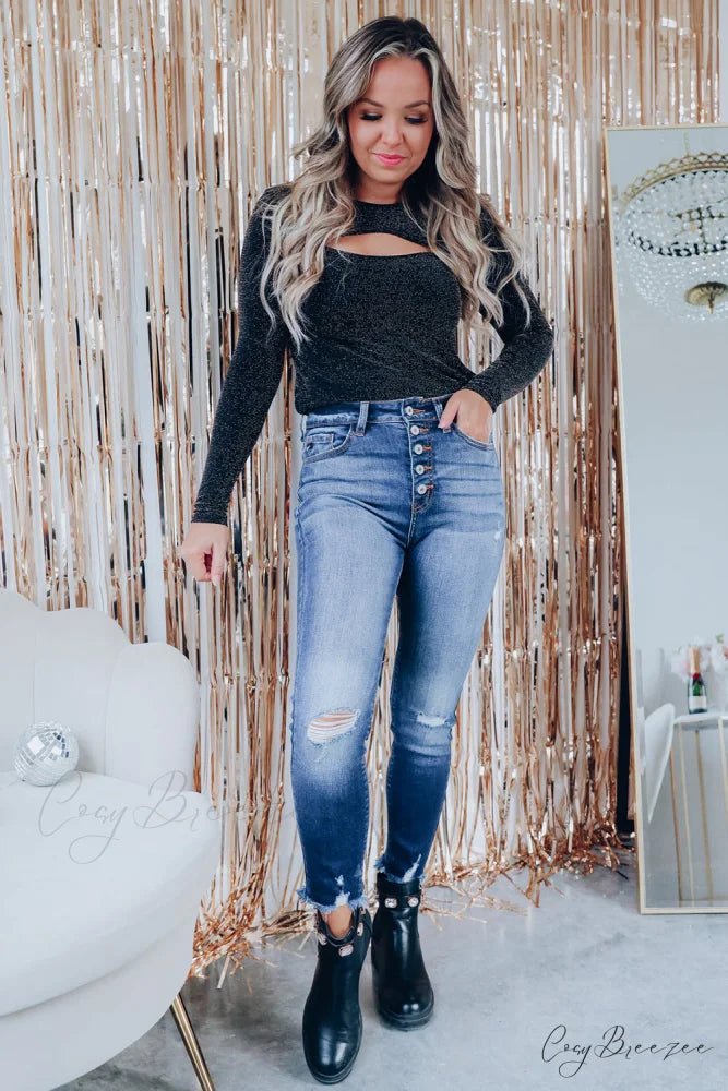 Arm Out in Top Long Metallic Cut Sparkle Black