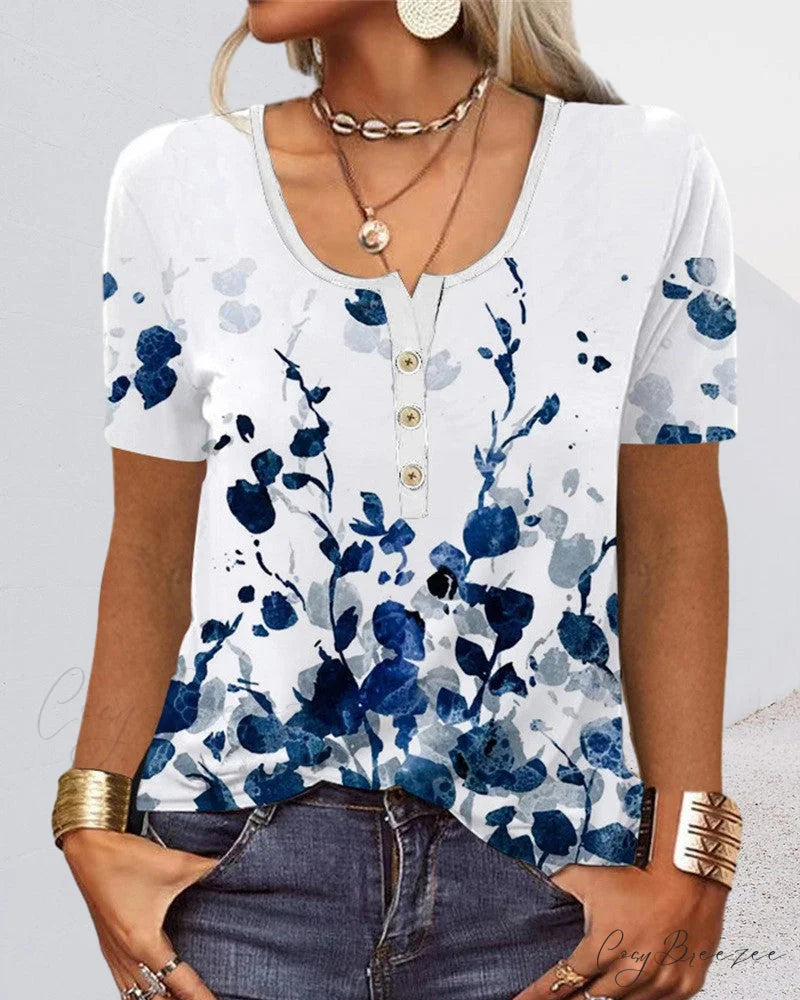 Arm Patterned U-Neck Brief Button Blouse