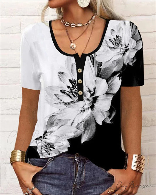 Arm Patterned U-Neck Brief Button Blouse Black / S