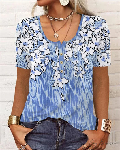 Arm Patterned U-Neck Brief Button Blouse Sky blue / S