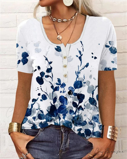 Arm Patterned U-Neck Brief Button Blouse White / S