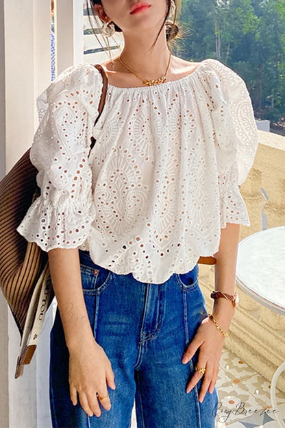 Arm Puff with Lace White Top Embroidery White / M