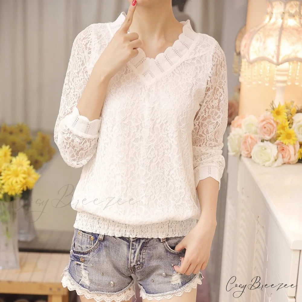 Arm Size Temperament Women’s Autumn 1066 V-Neck Sweet Long Slim Bottom Blouse Blouse Lace Fit - 40