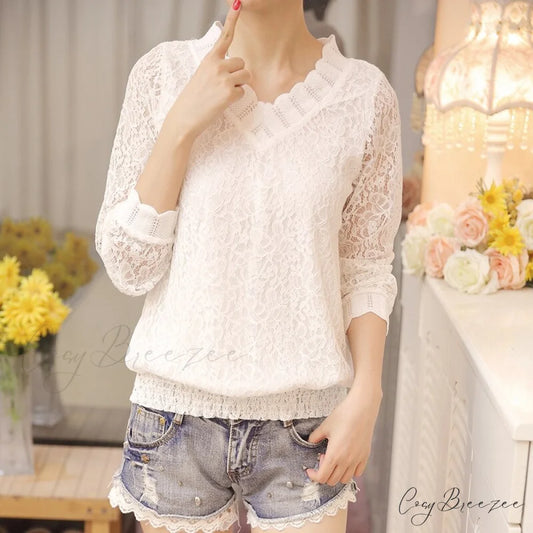 Arm Size Temperament Women’s Autumn 1066 V-Neck Sweet Long Slim Bottom Blouse Blouse Lace Fit - 40
