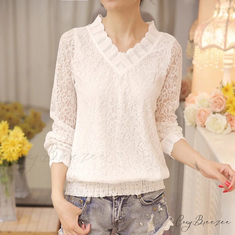 Arm Size Temperament Women’s Autumn 1066 V-Neck Sweet Long Slim Bottom Blouse Blouse Lace Fit - 40 M / white