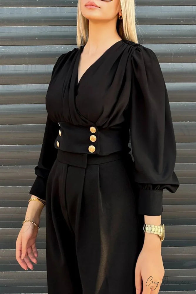 Arm Smocked Puff Neck V Top Black / 2XL