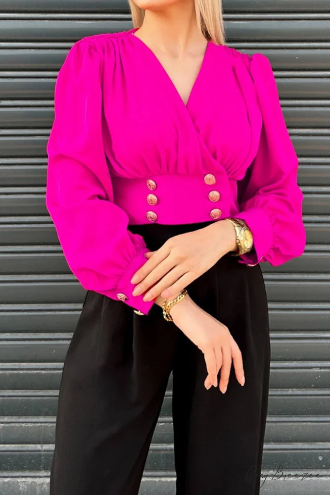 Arm Smocked Puff Neck V Top Rose / S