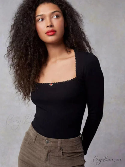 Arm Stretch Flower Boxy Long Thread T-Shirt Body Women’s Neck Knitted Top Black / S