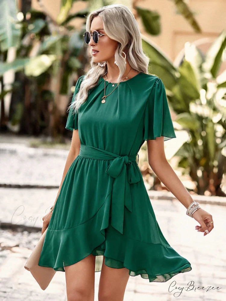 Arm Tie Hem for Flutter Waist Color Ruffle Solid Gown Women