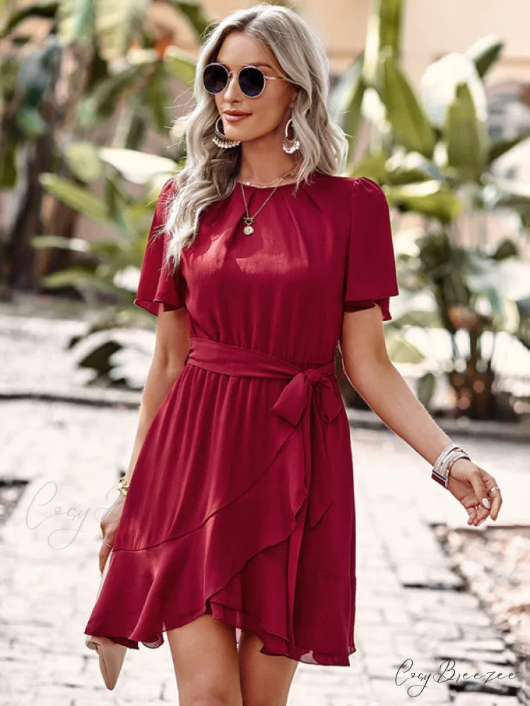 Arm Tie Hem for Flutter Waist Color Ruffle Solid Gown Women