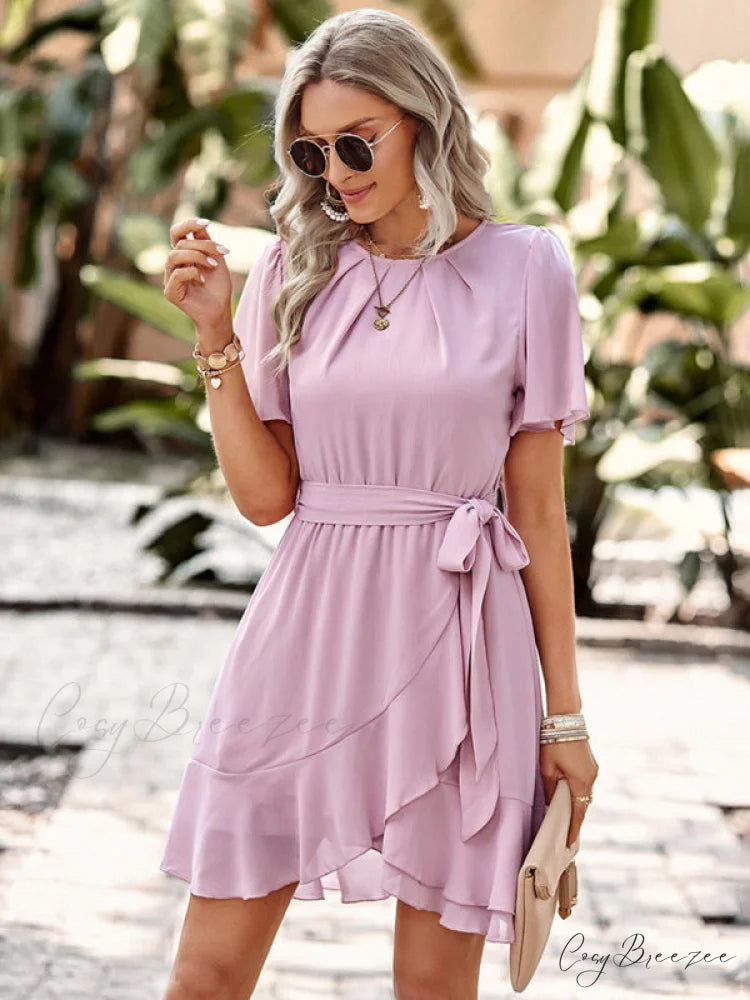Arm Tie Hem for Flutter Waist Color Ruffle Solid Gown Women
