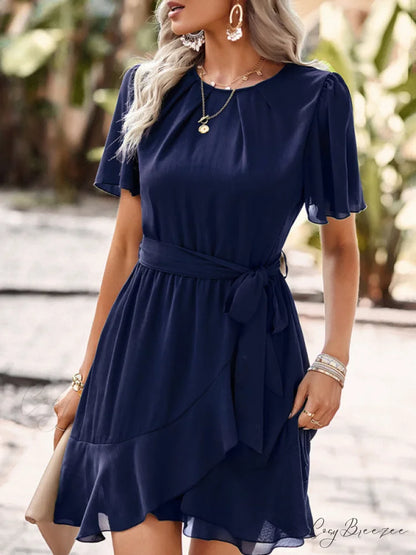 Arm Tie Hem for Flutter Waist Color Ruffle Solid Gown Women Champlain color / S