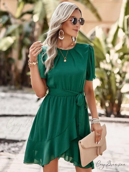 Arm Tie Hem for Flutter Waist Color Ruffle Solid Gown Women Green / S