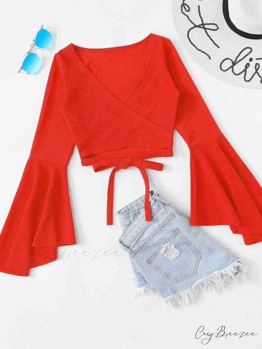 Arm Top with Crop Flare Tie Red Orange / S