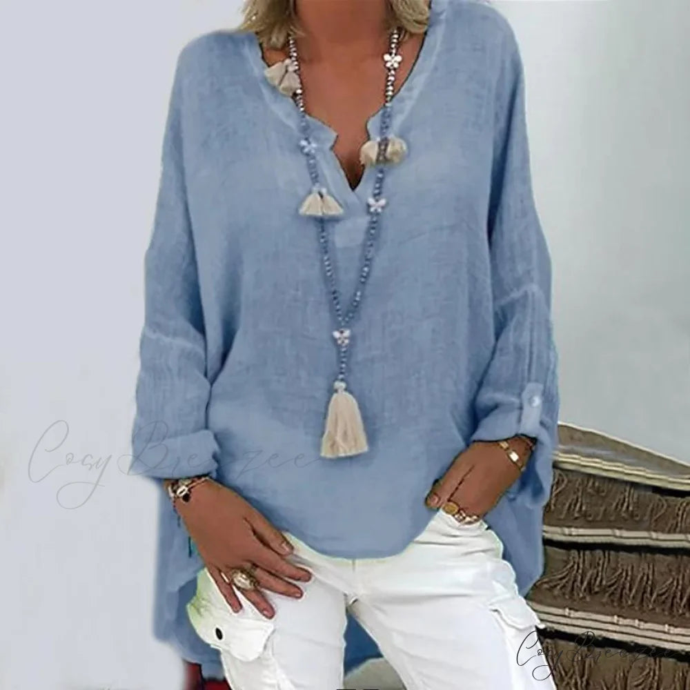 Arm V Colored Top Button Long Neck for Solid Basic Women Light Blue / S