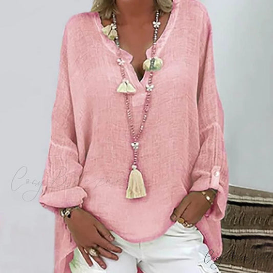 Arm V Colored Top Button Long Neck for Solid Basic Women Pink / S