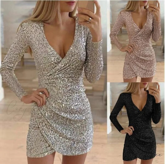 Arm V-Neck Long Women’s Party Sequin Elegant Glitter Dress