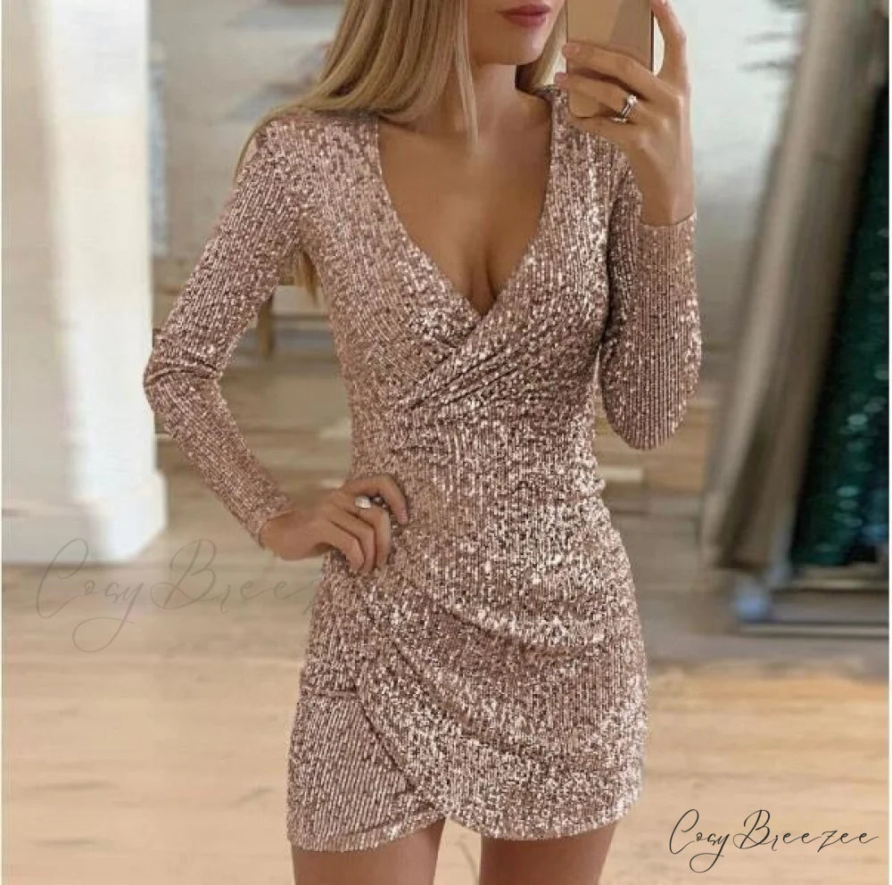 Arm V-Neck Long Women’s Party Sequin Elegant Glitter Dress Pink / S