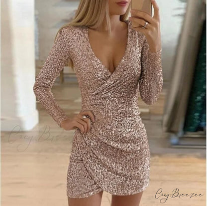 Arm V-Neck Long Women’s Party Sequin Elegant Glitter Dress Pink / S