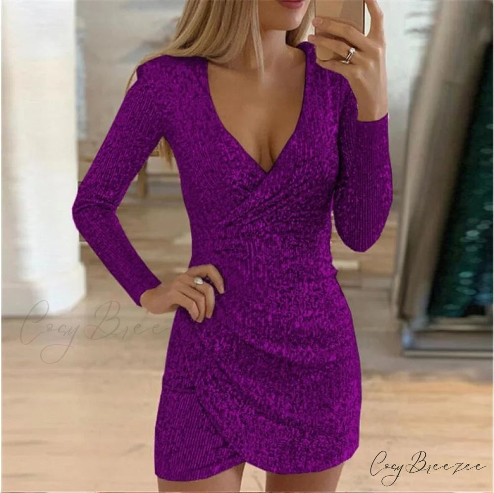 Arm V-Neck Long Women’s Party Sequin Elegant Glitter Dress Purple / S