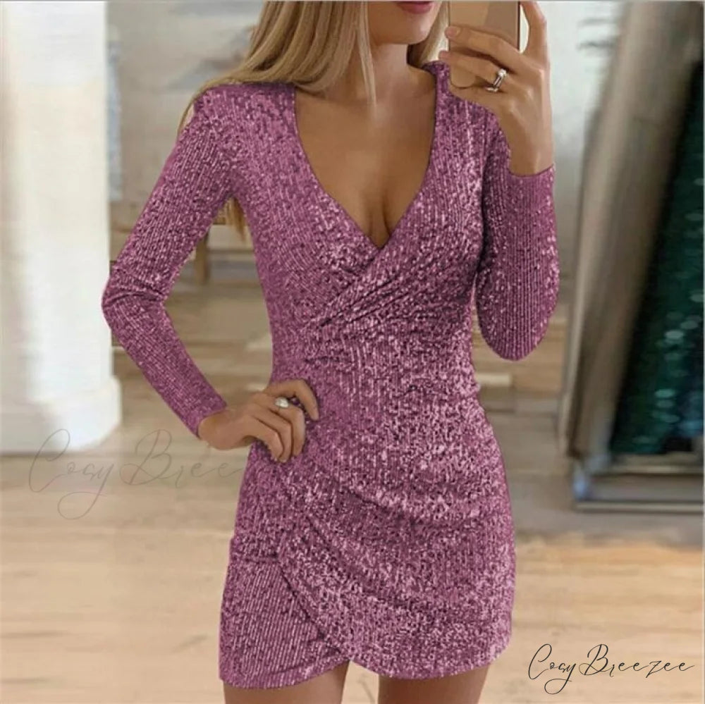 Arm V-Neck Long Women’s Party Sequin Elegant Glitter Dress Rose Gold / S