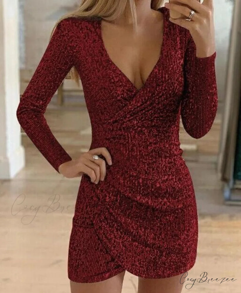 Arm V-Neck Long Women’s Party Sequin Elegant Glitter Dress Wine / S