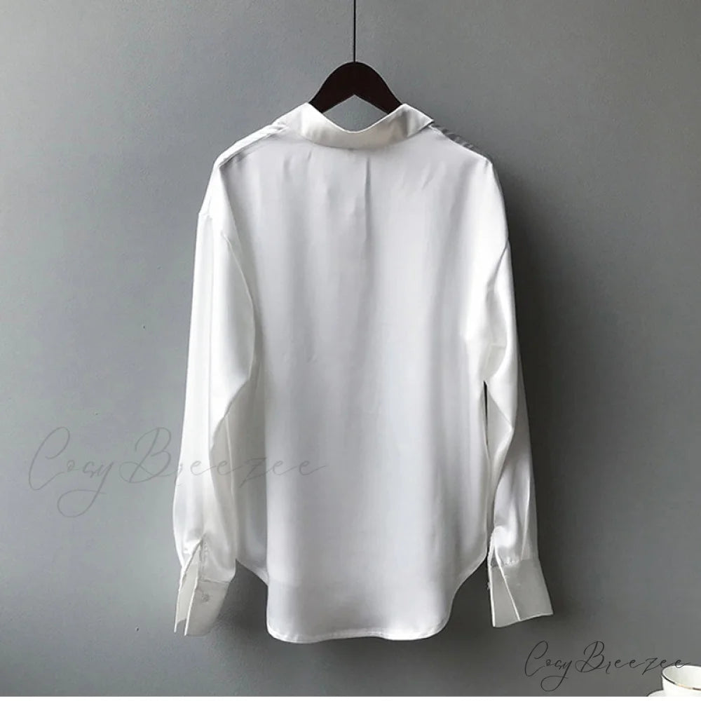 Arm Vintage Ladies Satin Korean Office Long Blouse Button Up Silk Elegant Blouse White Tops
