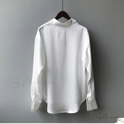 Arm Vintage Ladies Satin Korean Office Long Blouse Button Up Silk Elegant Blouse White Tops